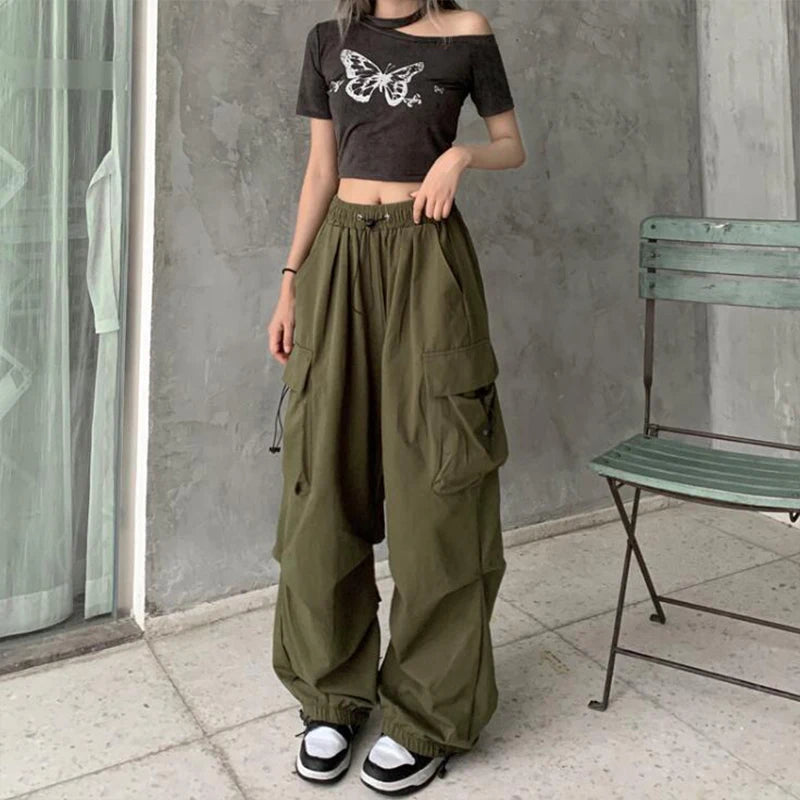 Women Casual Baggy Cargo Pants Solid Low